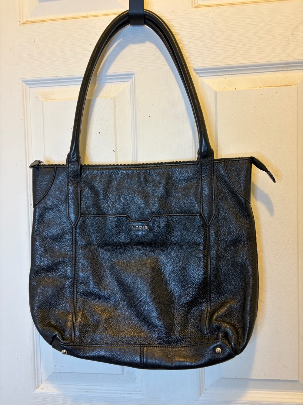 Lodis Kiera Black Pebbled Leather Tote with Carry-on Zipper Sleeve